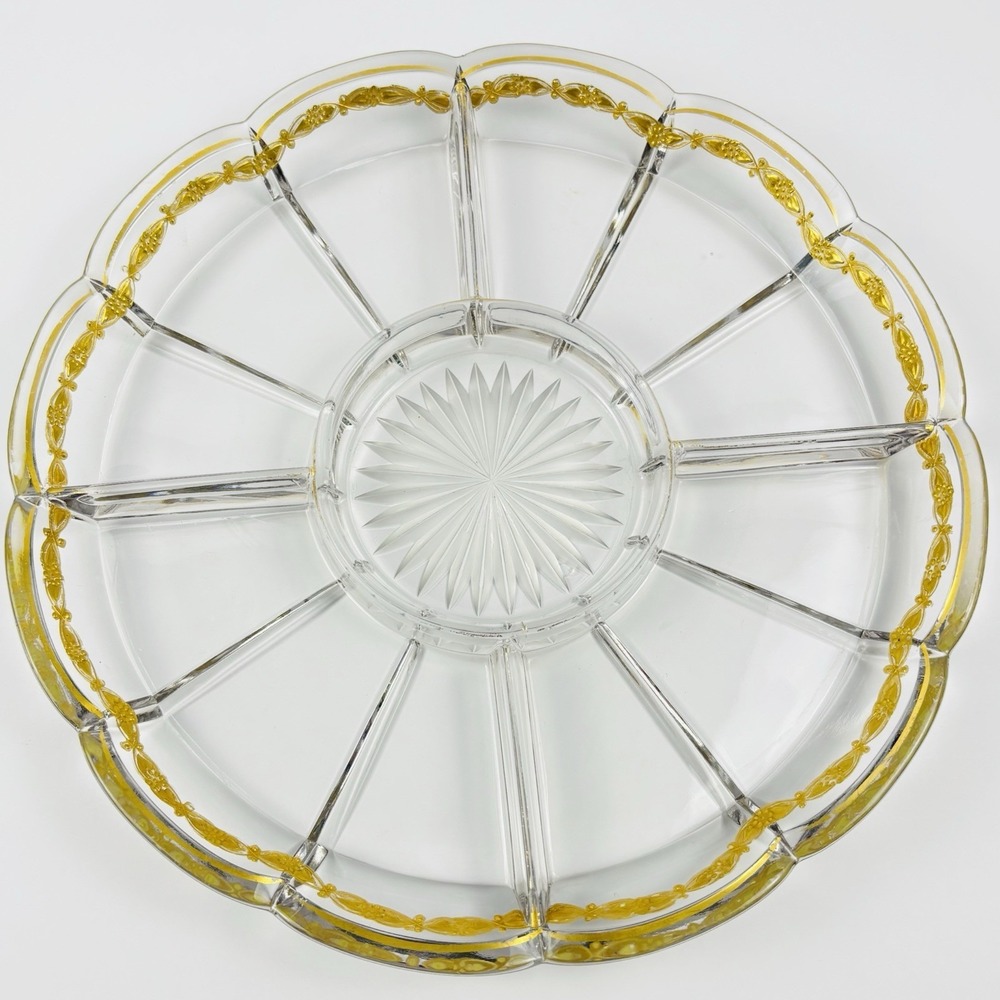 Vintage Jeanette Glass 5‎ Part  Relish Tray with Gold Trim 10" Dewdrop Pattern